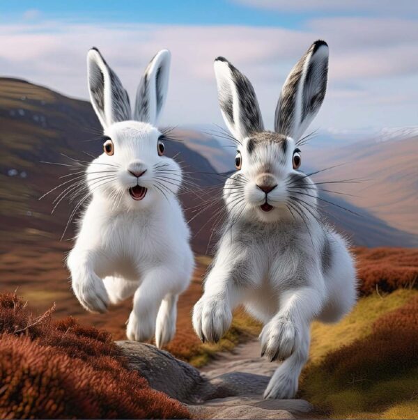 Character illustrations of mountain hares