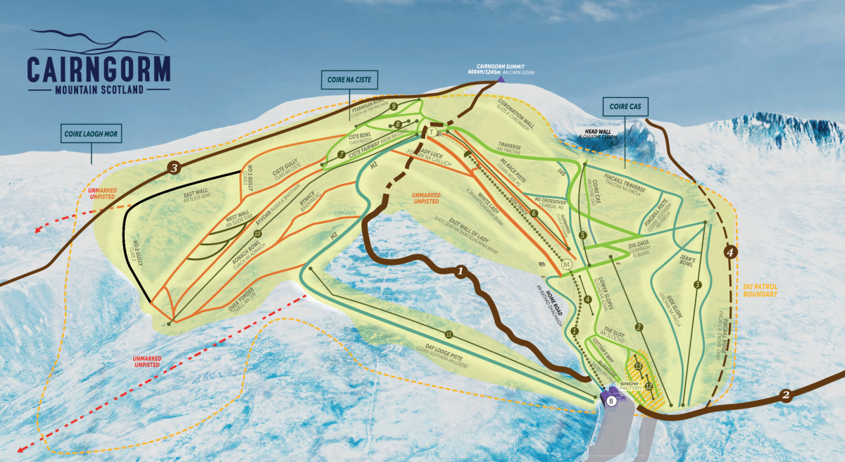 Piste map at Cairngorm Mountain with dog walking routes